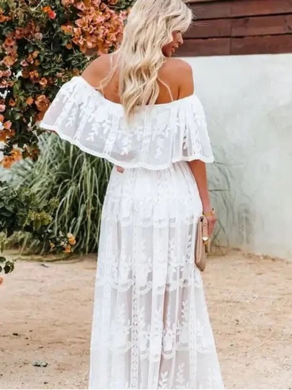 White Off-Shoulder Lace Maxi long gown bridesmaid wedding lace boho Dress - Picture 1 of 6